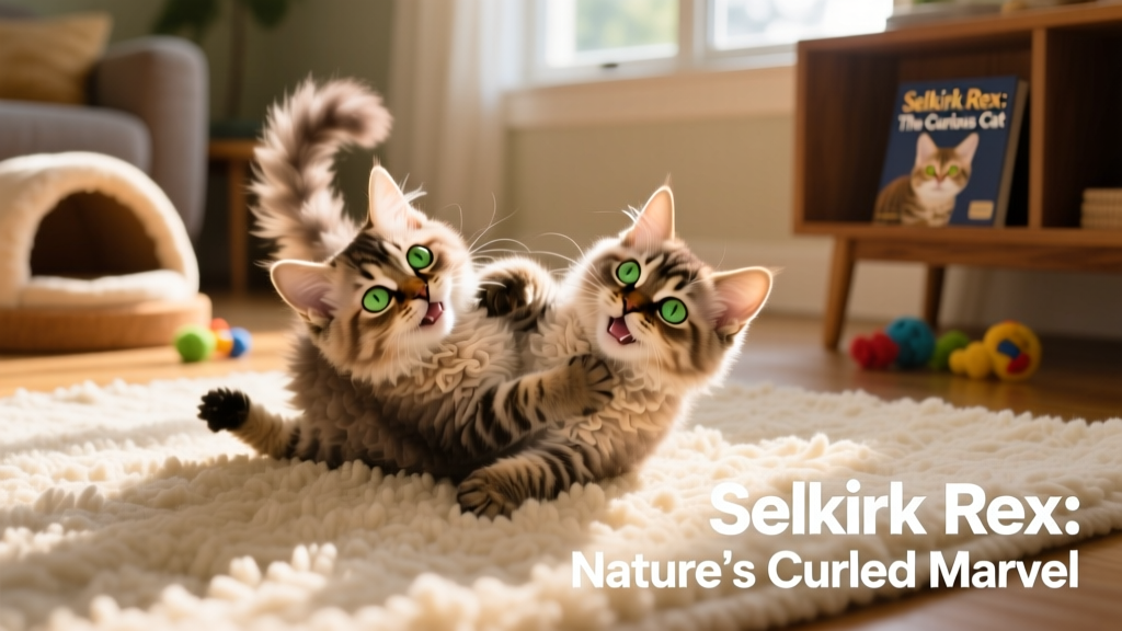 Two playful Selkirk Rex kittens tumbling together on a soft rug, highlighting their distinctive curly fur and expressive eyes