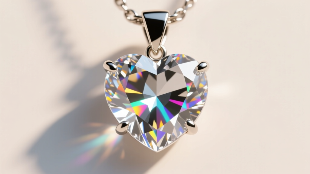 Macro close-up of a prong-set glass rhinestone heart pendant, showing secure metal claws gripping the faceted stone edges clearly.