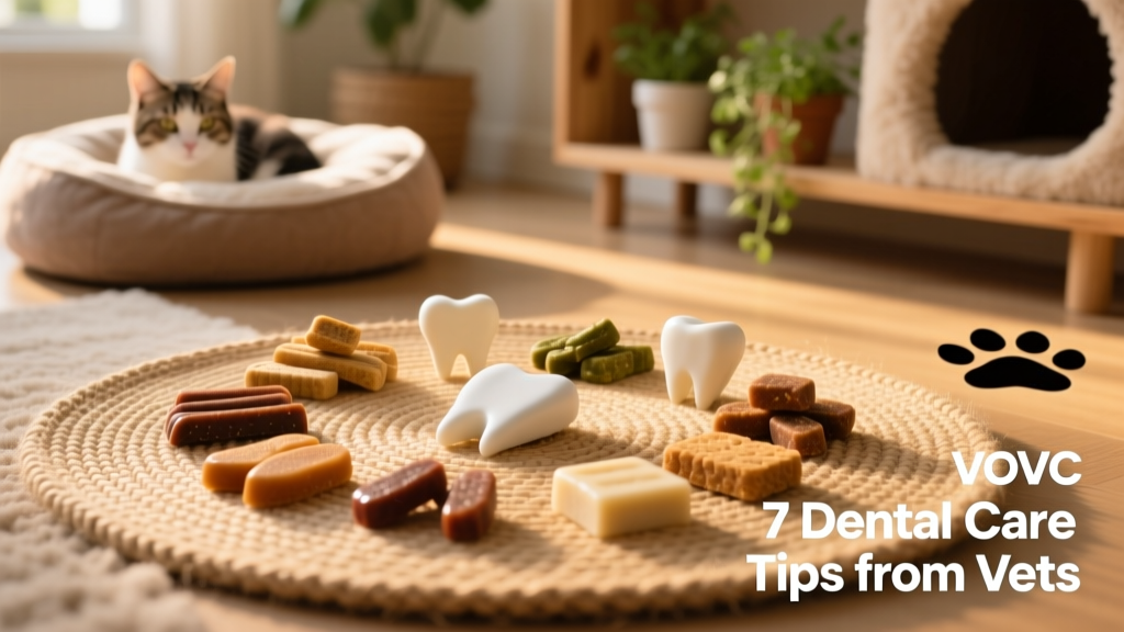 Assortment of VOHC-approved dental treats laid out on a pet-friendly surface