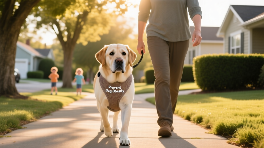 A senior Labrador Retriever walking comfortably beside its owner on a shaded neighborhood path, wearing a lightweight harness