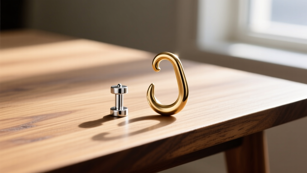 Wooden table displaying a standard 20-gauge earring post beside a thick 00-gauge brass ear hanger hook, bright natural daylight shot.