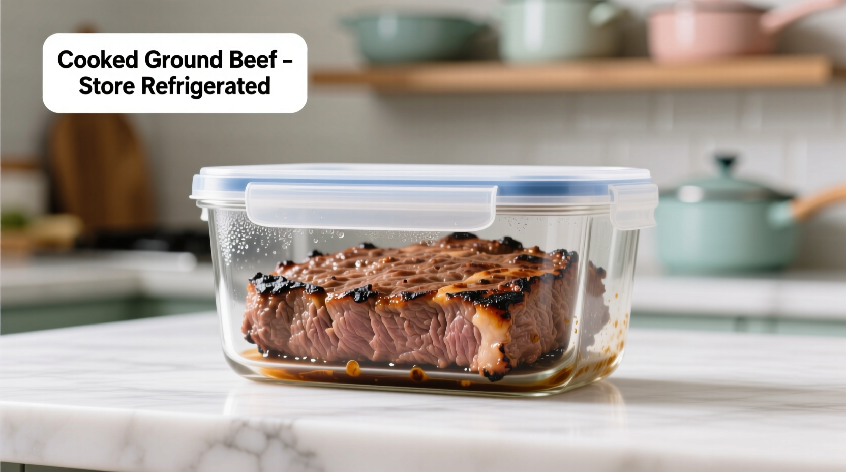 Properly stored cooked ground beef in airtight container