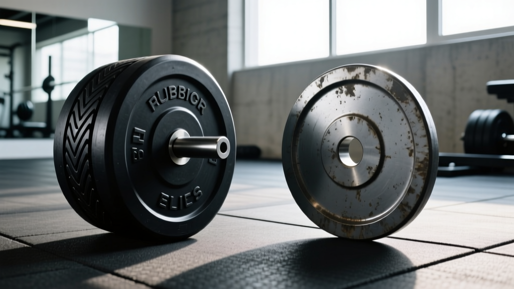 A side-by-side comparison of a thick rubber bumper plate and a thin cast iron plate resting on a rubber gym floor mat