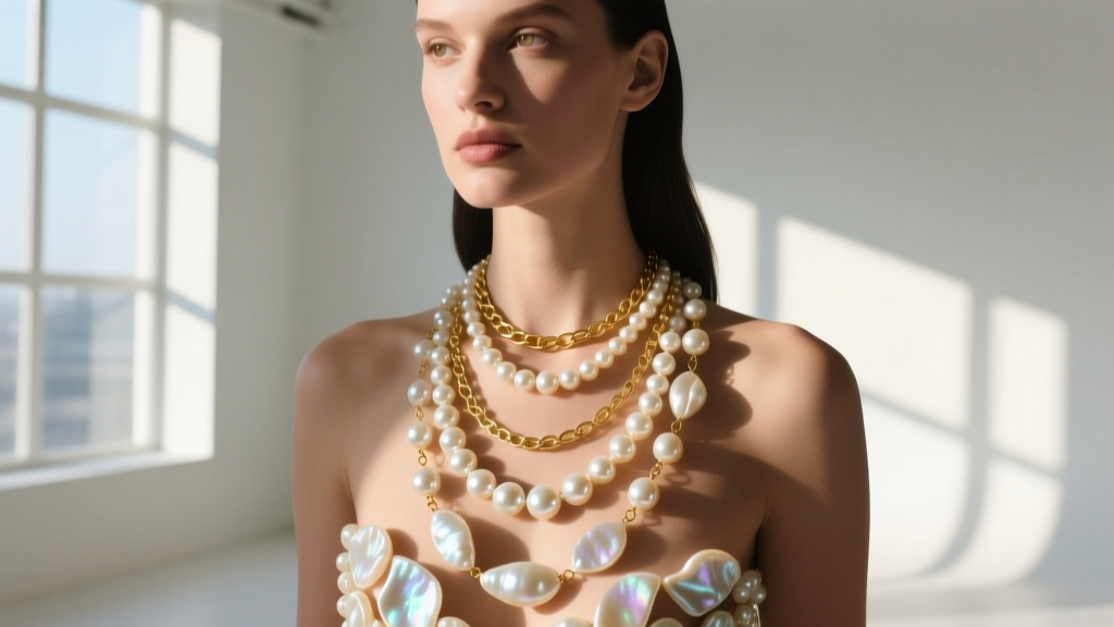 Model wearing layered irregular baroque freshwater pearls with delicate gold chains, highlighting modern pearl styling and layering.