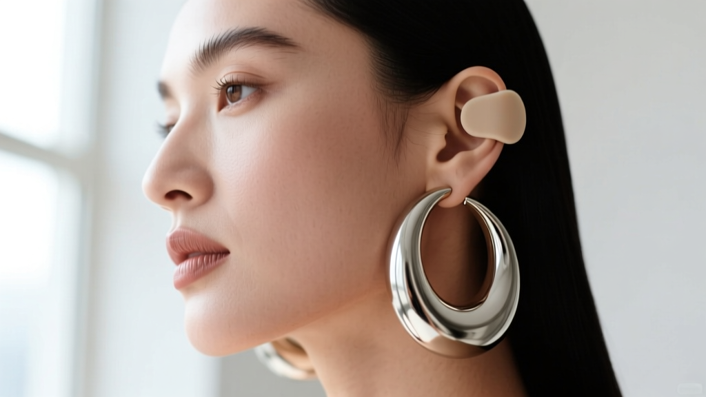 Profile of a woman wearing large statement hoop earrings, showing a clear silicone support patch behind the pierced lobe.