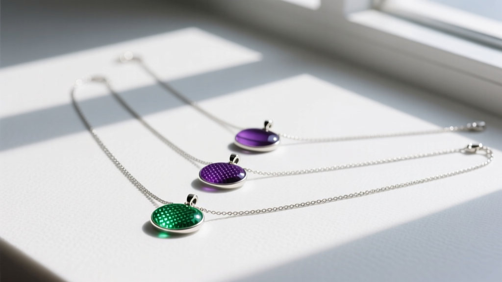 Flat lay of three layered mood necklaces with silver chains, showing pendants transitioning from bright green to deep purple hues