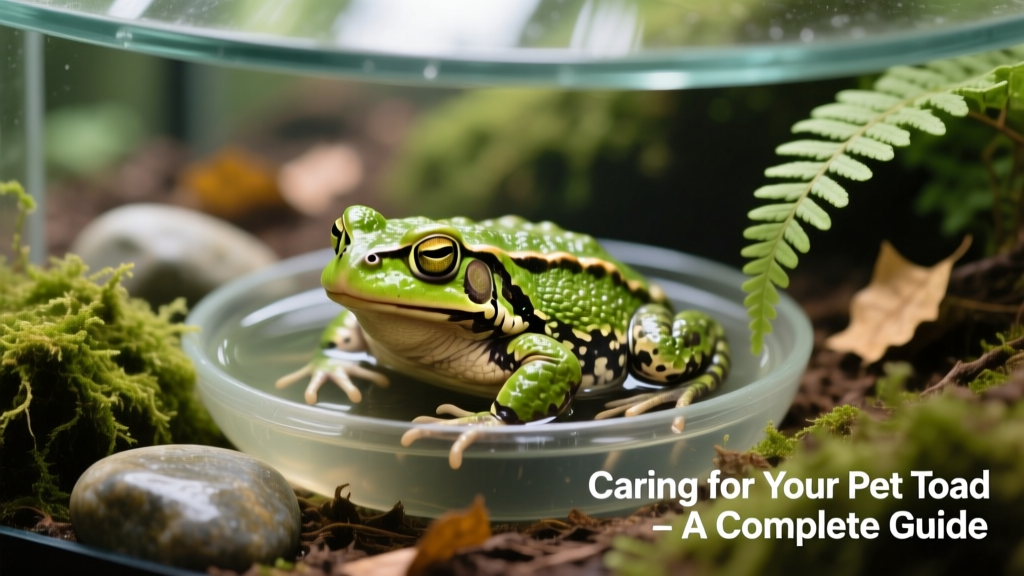 Close-up of a toad soaking in a shallow water dish beside a moist hide and live ferns in a naturalistic terrarium