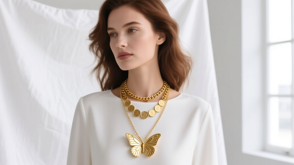Woman layering a 16-inch solid gold butterfly pendant necklace with an 18-inch gold coin chain against a crisp white cotton top.