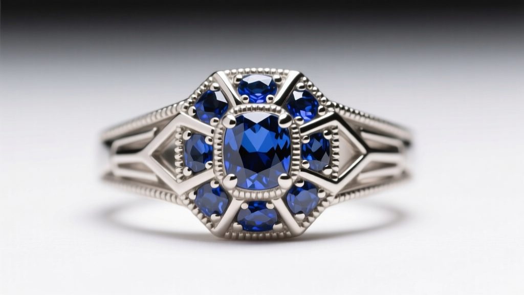 Macro shot of a 1920s platinum Art Deco ring with calibré sapphires and sharp millegrain detailing under bright studio lighting