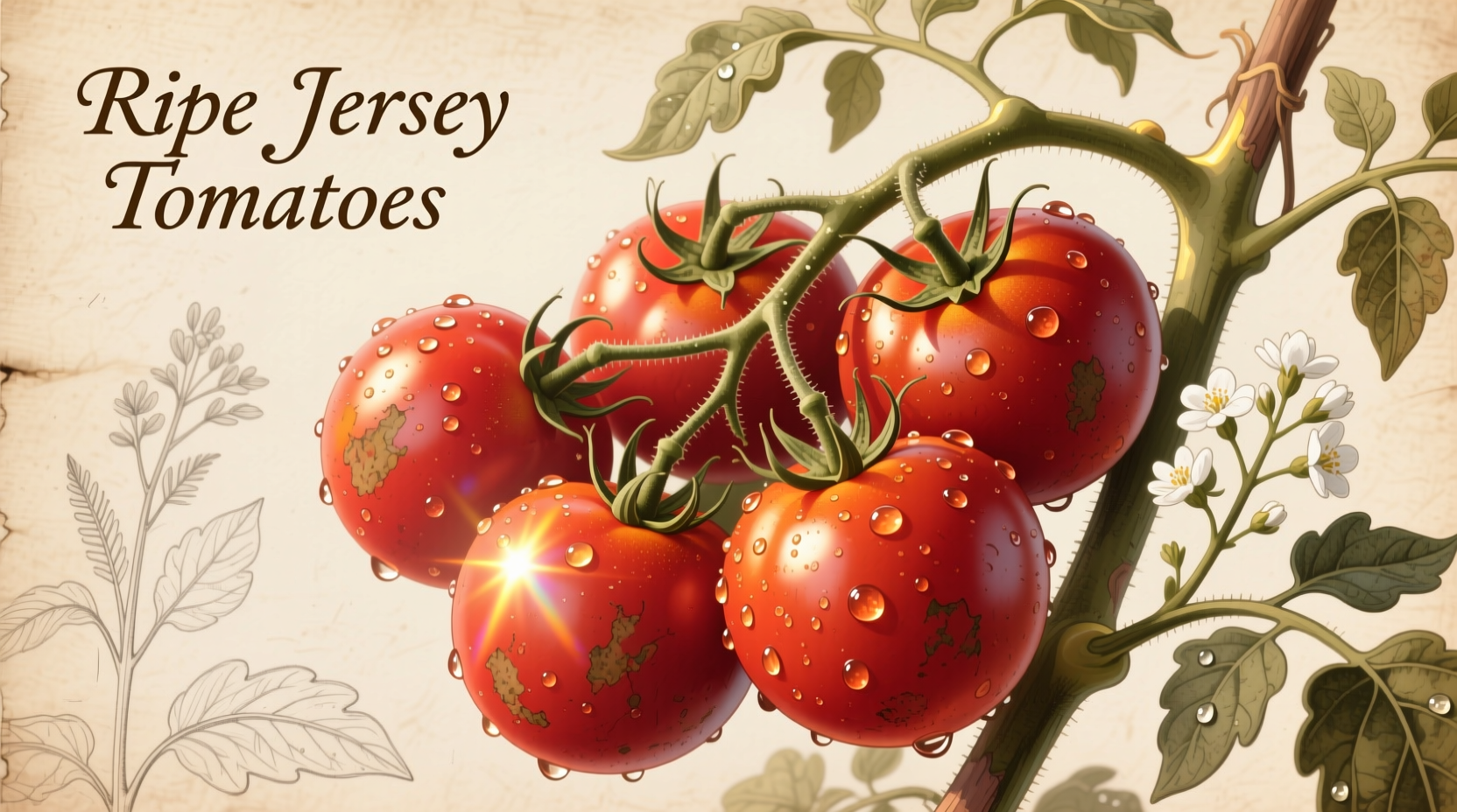 Ripe Jersey tomatoes on vine with morning dew