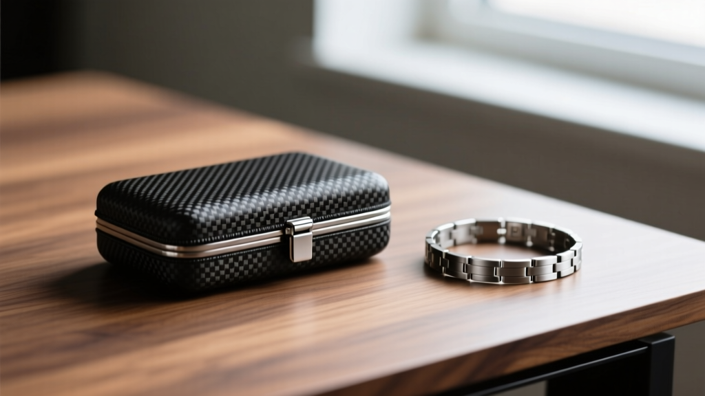 Macro shot of a 3K twill carbon fiber mens jewelry case exterior resting on a wooden desk beside a brushed titanium link bracelet.