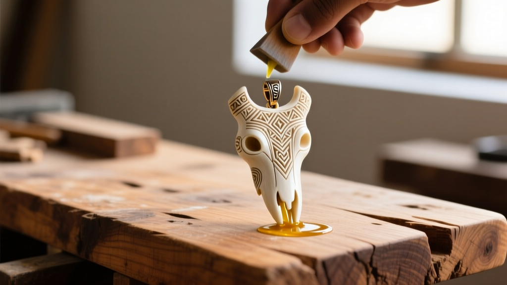 A carved animal bone pendant being gently polished with mineral oil on a wooden workbench, showing intricate tribal etching details.