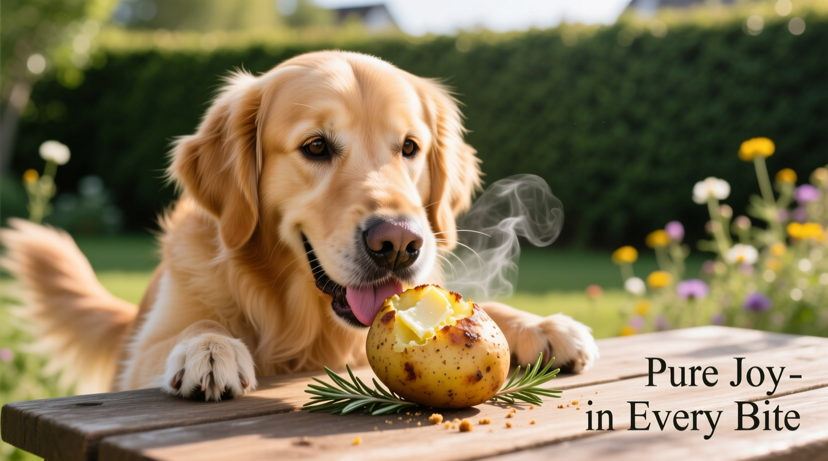 Golden retriever enjoying baked potato treat