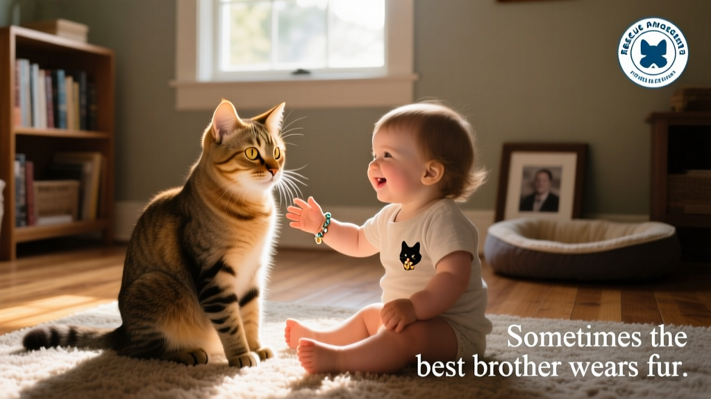 A calm, golden-eyed cat sitting gently beside a toddler who is smiling and reaching out with soft hands