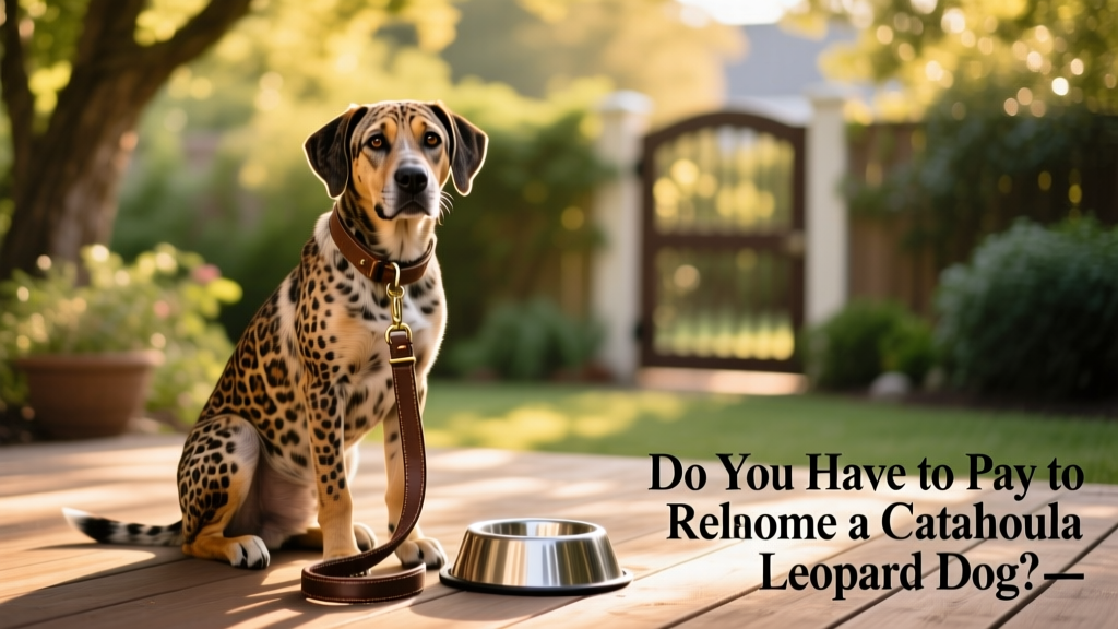 A calm, well-groomed Catahoula Leopard Dog sitting beside a leash and water bowl