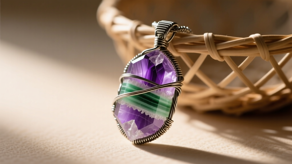 Side view of a wire-wrapped fluorite pendant in a tension-free basket setting, light hitting the purple and green crystal bands.