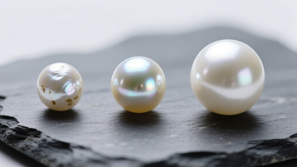 Macro shot comparing three pearls on slate: a blemished freshwater, a highly lustrous Akoya, and a large white South Sea pearl.