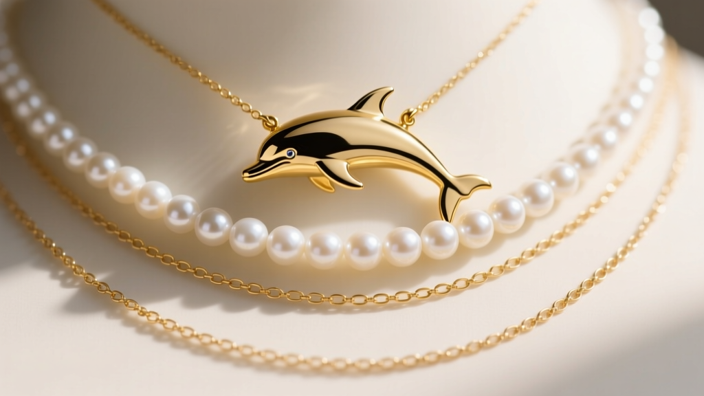 Layered necklace stack featuring an 18-inch gold dolphin pendant, a 16-inch white pearl choker, and a 22-inch delicate gold chain.