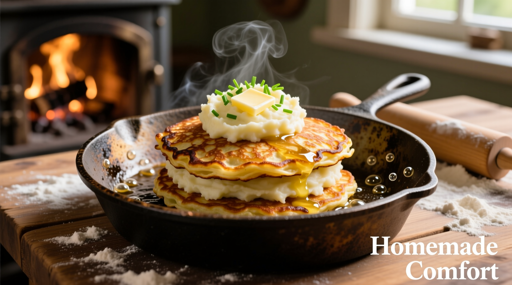 Golden potato pancakes with mashed potatoes on cast iron skillet