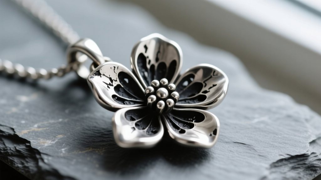 Macro shot of a tarnished 925 sterling silver flower necklace pendant on slate, showing black oxidation in petal crevices.