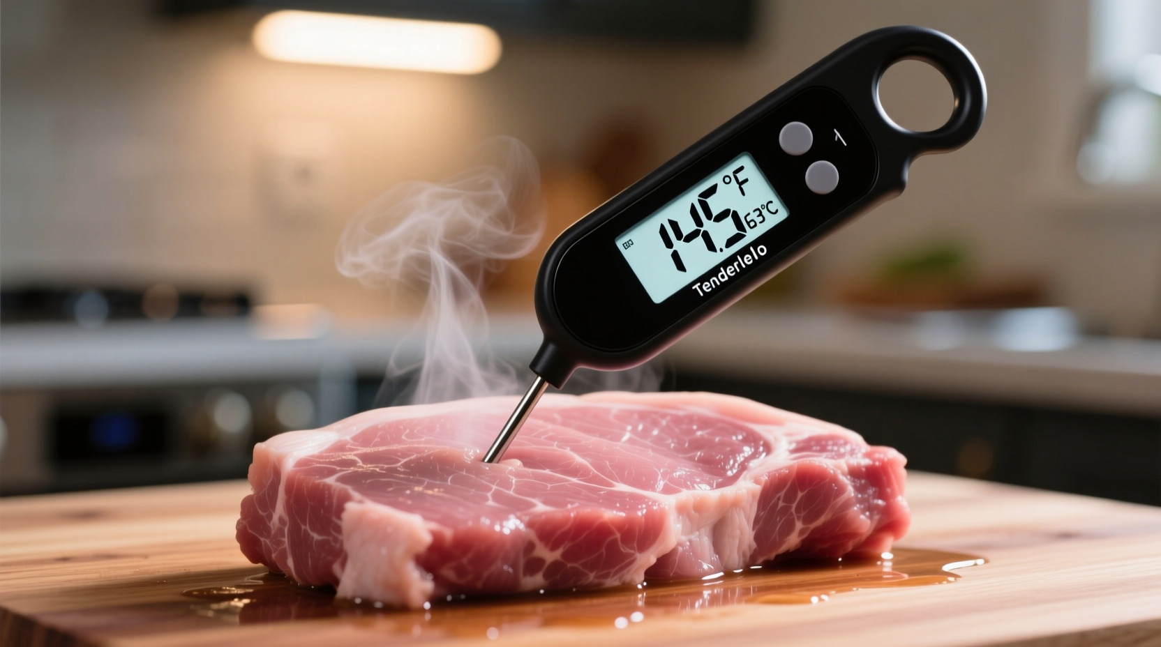 Digital meat thermometer showing 145 degrees in pork tenderloin