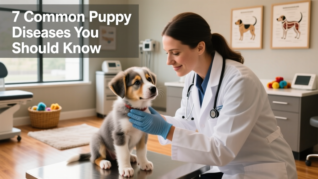 Veterinarian gently examining a young puppy during a wellness check at a clinic