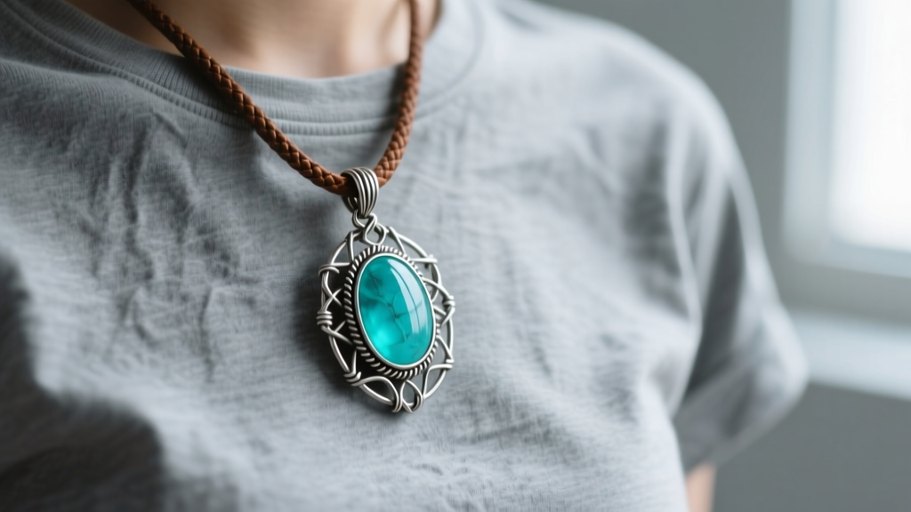 Turquoise pendant in oxidized silver wire on a brown leather cord against a grey t-shirt, lit by soft natural window light.