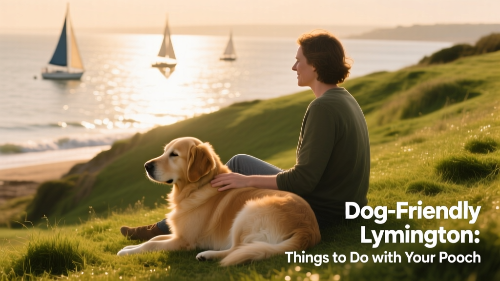 A dog and owner enjoying a quiet moment together on a grassy bank overlooking the Solent, with boats visible in the distance