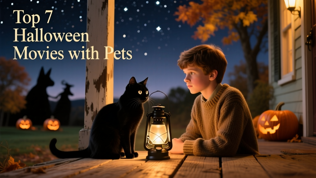 Still from Hocus Pocus showing Binx the black cat sitting beside Max Dennison on a porch at night