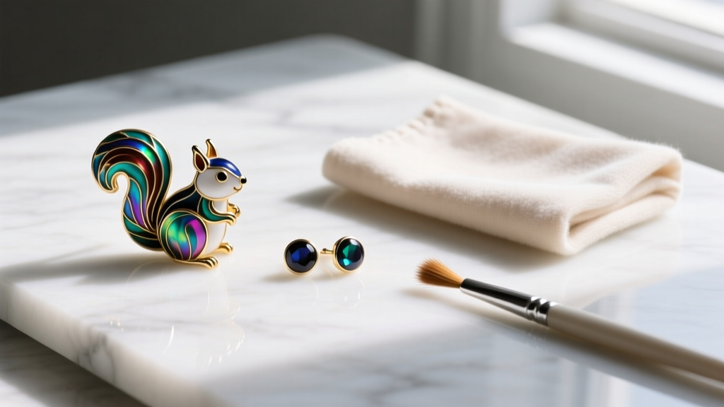 Flat lay of cloisonné enamel squirrel ear cuffs and studs on white marble next to a jewelry polishing cloth and soft brush