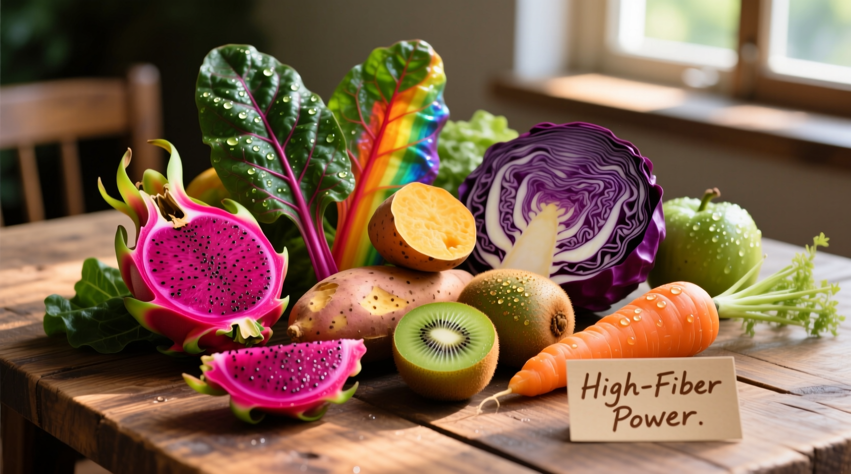 Colorful array of high-fiber fruits and vegetables