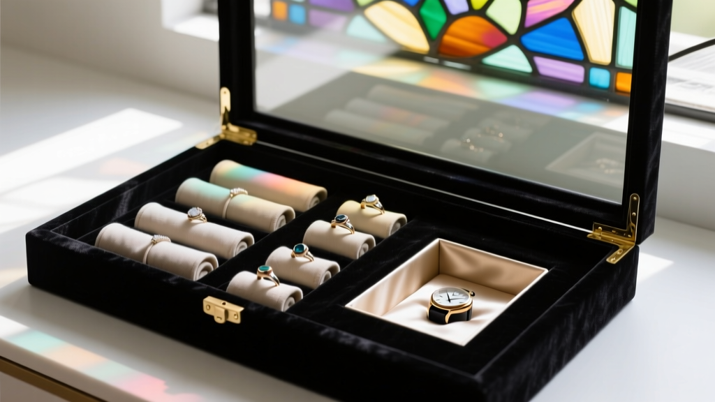 Interior of a stained glass box lined with dark anti-tarnish velvet, showing dedicated ring rolls and a shallow watch compartment