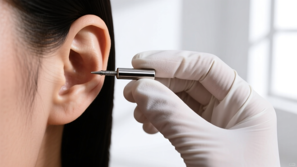 Gloved hands holding a 16-gauge internally threaded titanium flat-back labret stud, preparing for a fresh ear cartilage piercing