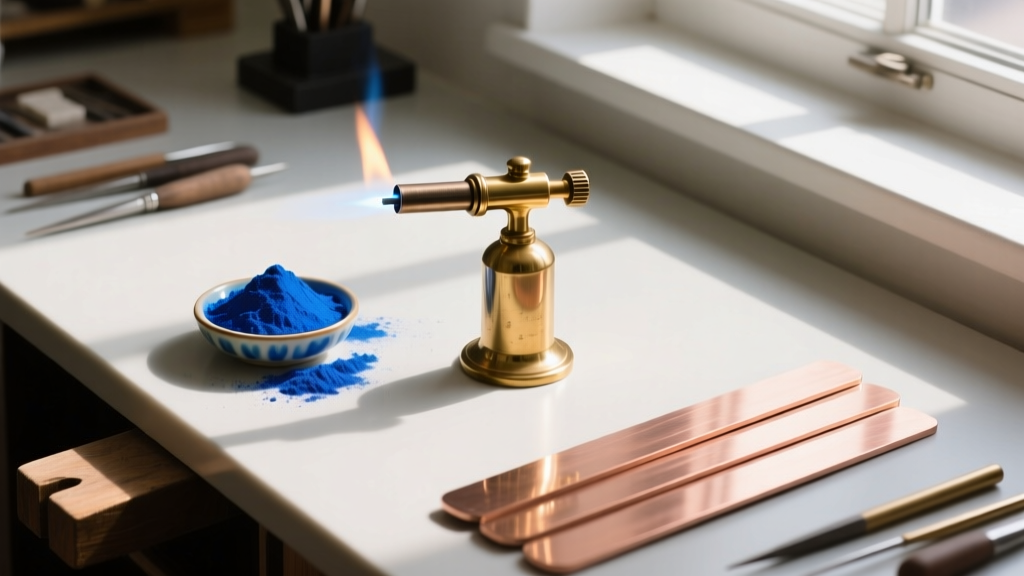 Overhead view of a jeweler workbench with a brass torch, vibrant blue vitreous enamel powder, and copper blanks ready for firing