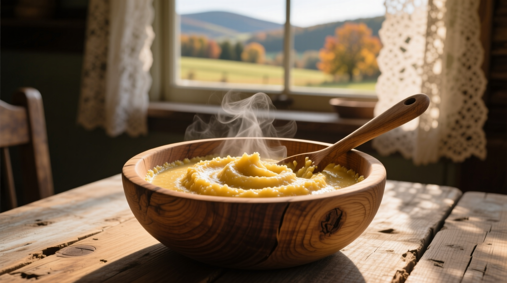 Traditional cornmeal mush in wooden bowl