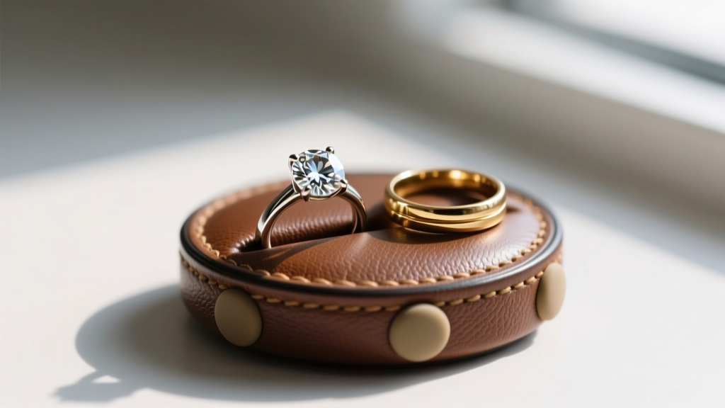Close-up of a leather travel ring jewelry holder with silicone grips, holding a diamond cocktail ring and a thin gold stacking band