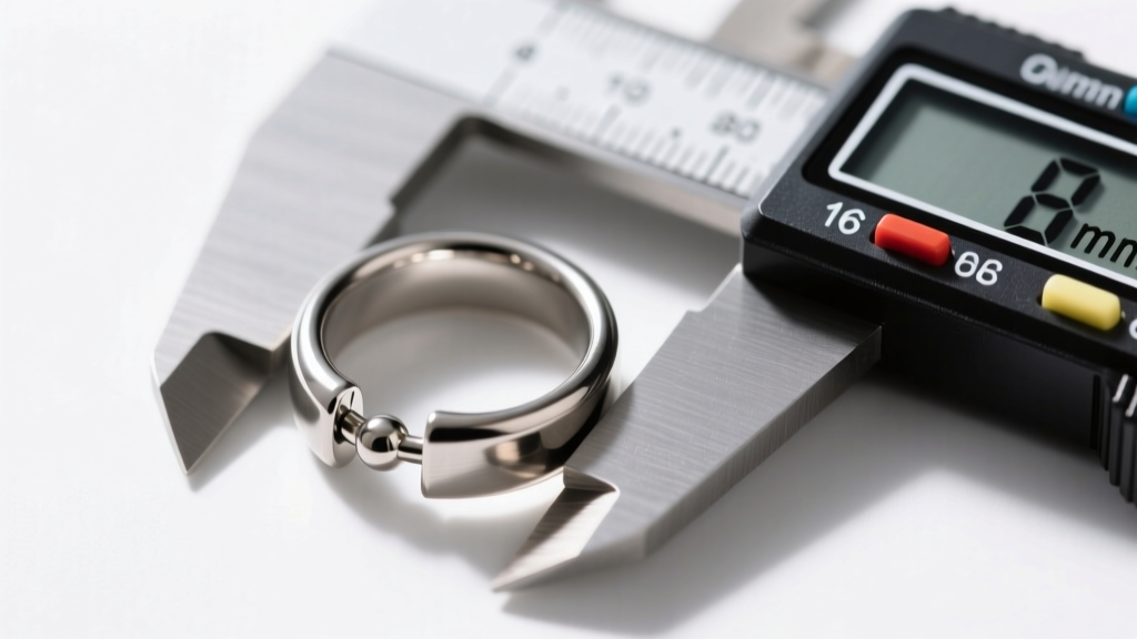 Macro photo of a 16-gauge titanium septum mustache ring next to a digital caliper showing an exact 8mm inner diameter measurement.