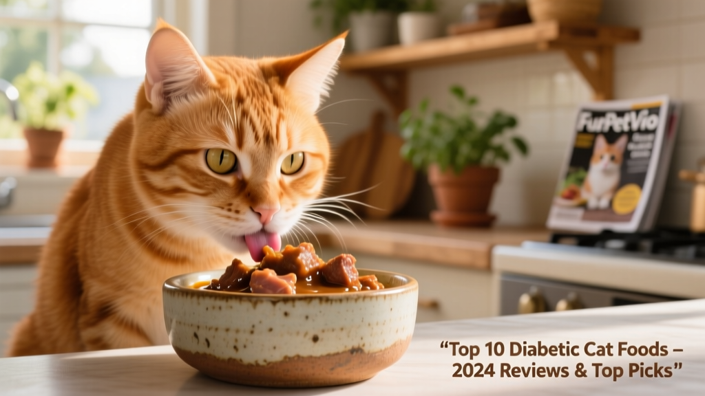 Close-up of a cat happily eating from a ceramic bowl filled with moist, meaty FurPetVo food