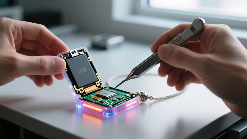 Hands using a precision spudger to carefully open the battery compartment of a light-up cosplay pendant necklace on a workbench.