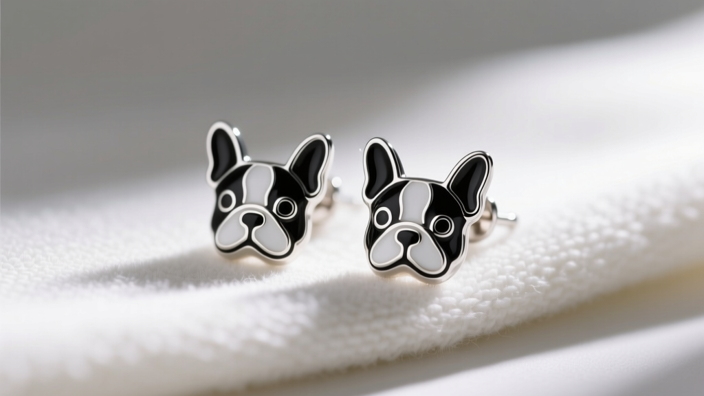Macro shot of sterling silver French bulldog stud earrings with black and white enamel details resting on a soft microfiber cloth.