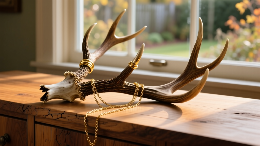 Shed deer antler on an oak vanity with gold rings and thin chain necklaces draped over the tines, illuminated by warm morning light