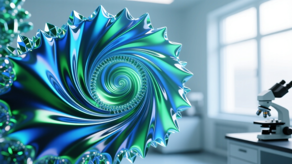 Macro shot of cholesteric liquid crystal textures showing swirling blue and green patterns under polarized light in a lab.