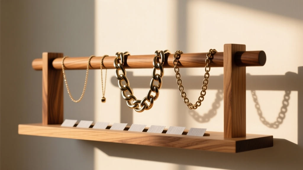 DIY wood necklace holder displaying heavy statement chains spaced apart, with a lower shelf holding anti-tarnish strips.