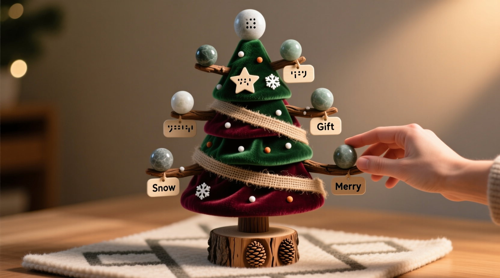 how to make a tactile christmas tree for visually impaired family members using varied textures and braille tags