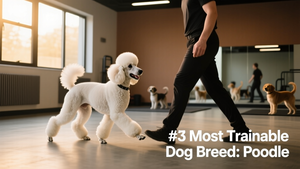 A well-groomed poodle performing a precise heel command in an indoor training facility