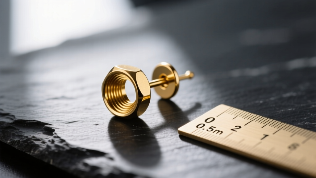Macro comparison of external and internal threading on gold earring posts, placed on dark slate next to a small millimeter scale.