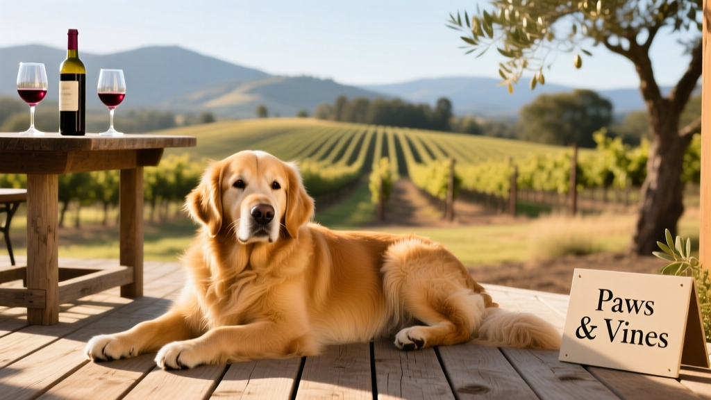 A golden retriever relaxing on a sunlit patio at a dog-friendly Napa winery, with wine glasses and vineyard views in the background