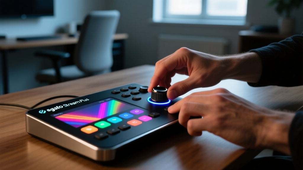 Hands adjusting haptic rotary dials on an Elgato Stream Deck Plus macro pad glowing with custom LCD icons in a dimly lit home office