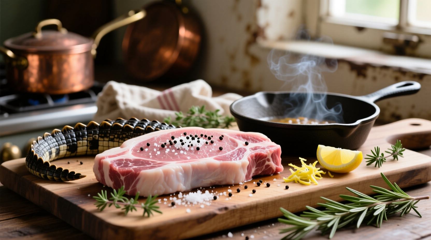 Alligator tail meat prepared for cooking