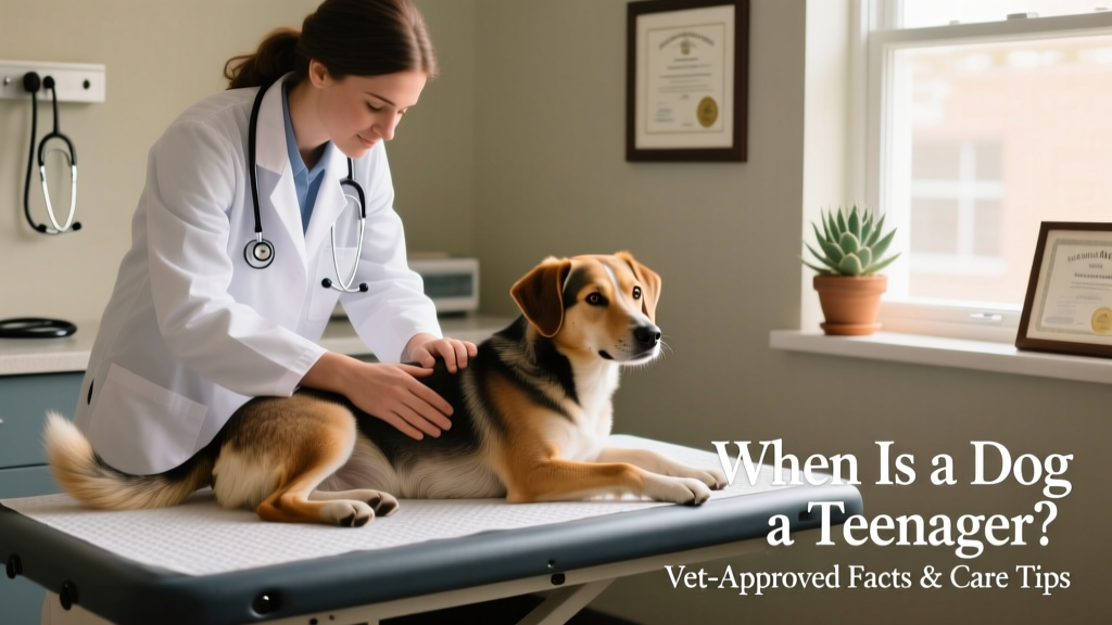 A veterinarian gently examining a relaxed adolescent dog during a wellness checkup, highlighting the importance of ongoing health monitoring